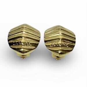 Céline Vintage Gold Tone Clip On Earrings Logo Stamped